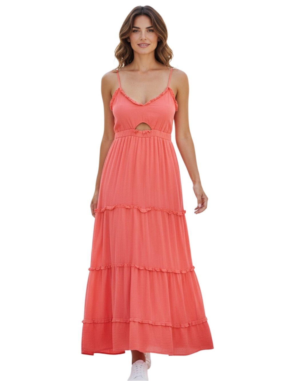 Harper & Ivy Coral Tiered Maxi Dress with Keyhole